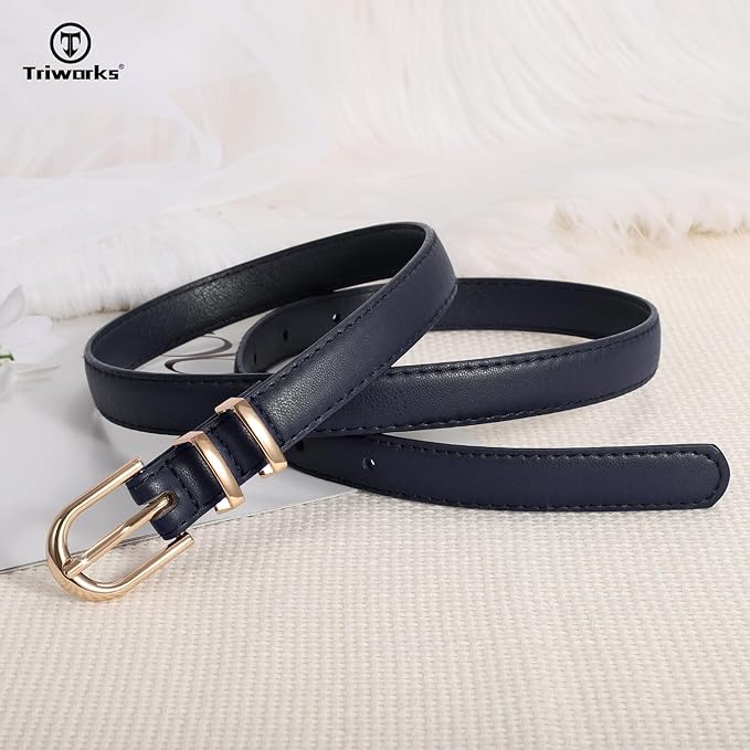2 Pack Women Skinny Leather Belts for Jeans Pants Thin Faux Leather Belt with Gold Buckle