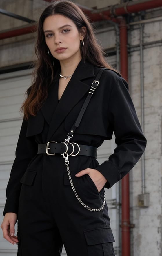 Women's Adjustable Faux Leather Double O-Ring Belt with Detachable Chain, Fashion Waist Belt, Two Wearing Styles, Chic Alloy Hardware, Fit Waist 21.5-36.0in