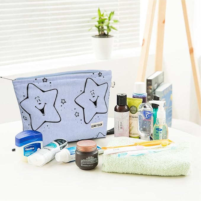 2pcs Blue Star Corduroy Makeup Bag for woman-aesthetic cute stuff as pouch case and purse organizer for girl-cosmetic travel toiletry bag small baggu glossier