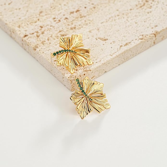 Large Gold Earrings for Women, Chunky Gold Statement Drop Dangle Earring Maple Leave Ginko Leaf Jewelry Gifts