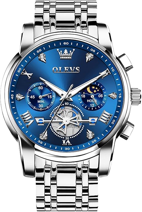 OLEVS Men Watches Stainless Steel Chronograph Watch, Large Wrist Analog Quartz Watch, Fashion Waterproof Diamond Roman Numerals Dress Watches for Men, Gold/Black/White/Blue/Grey Dial