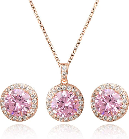 Bridal Crystal Jewelry Set - Sterling Silver Round Cubic Zirconia CZ Rhinestone Halo Birthstone Pendant Necklace Stud Earrings Set for Wedding Bride Bridesmaids Birthday Gift