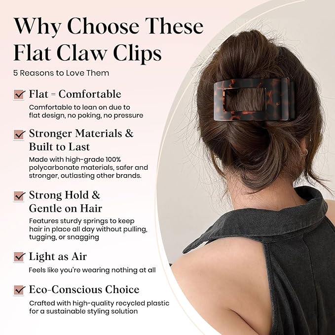 Oeusnae 4 PCS Flat Hair Clips for Women Girls, French Concord Lay Down Claw Clips for Thick Thin Hair, Comfortable Curved Large Flat Clip, Leopard Print Stylish Strong Hold Hair Accessories, Tortoise