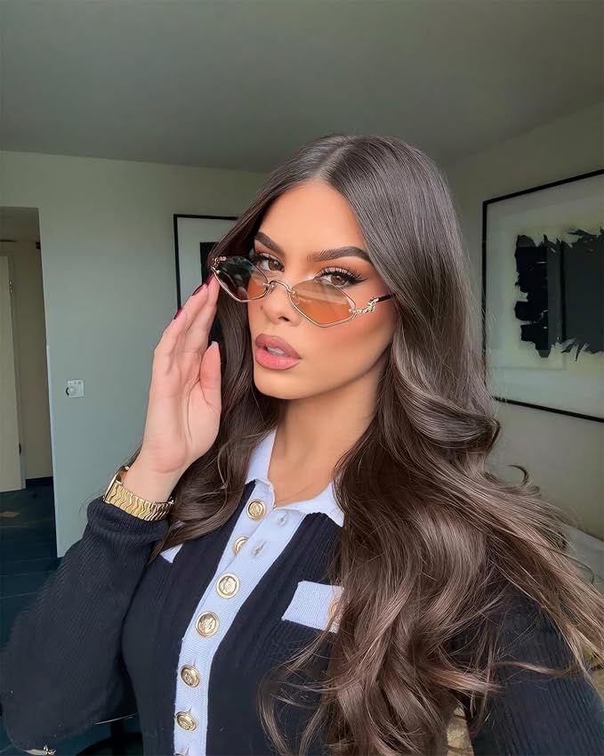 Retro Y2k Sunglasses for Women Men,Trendy Semi-Rimless Sun Glasses Irregular Narrow Gold Sunnies UV400