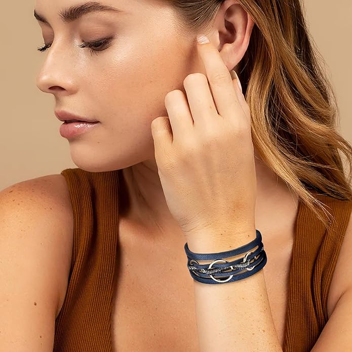 Fesciory Leopard Bracelet for Women, Boho Leather Wrap Multi-Layer Pearl Crystal Bracelet Bangle Jewelry