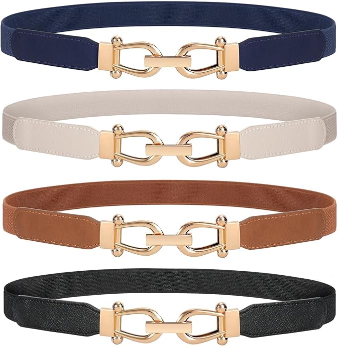 WERFORU Women Skinny Belt for Dresses Retro Stretch Waist Belt with Gold Buckle Set of 4