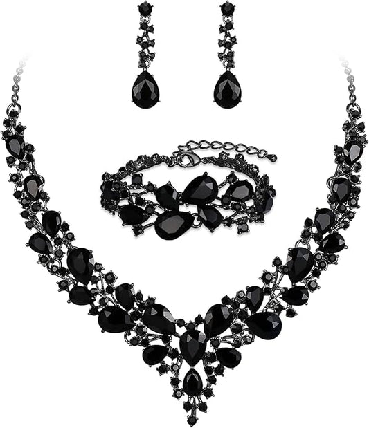 BriLove Wedding Bridal Jewelery for Women Austrian Crystal Teardrop Cluster Statement Necklace Dangle Earrings Link Bracelet Set