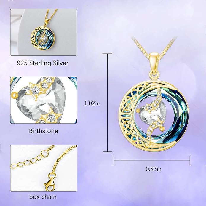 TOUPOP Birthstone Necklace 925 Sterling Silver Moon and Star Pendant with Blue Crystal Celtic Moon Jewelry Birthday Valentines Day Gifts for Women Mom Wife Her