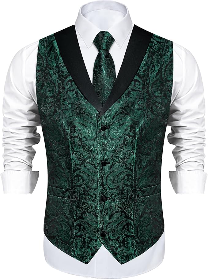 DiBanGu Mens Paisley Suit Vest Silk Jacquard Waistcoat and Necktie Set Formal Shawl Collar Dress Vest 7PCS for Wedding Party