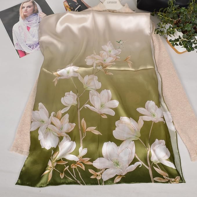 100% Mulberry Silk Scarf for Women Neck Oblong Headscarves Long Floral Print Lightweight Silk Wraps Shawls 67"*20"