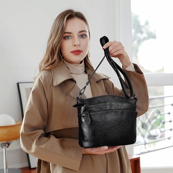HESHE Crossbody Bags for Women Genuine Leather Purses with Multi-Pockets Vintage Ladies Small Shoulder Satchel Bag