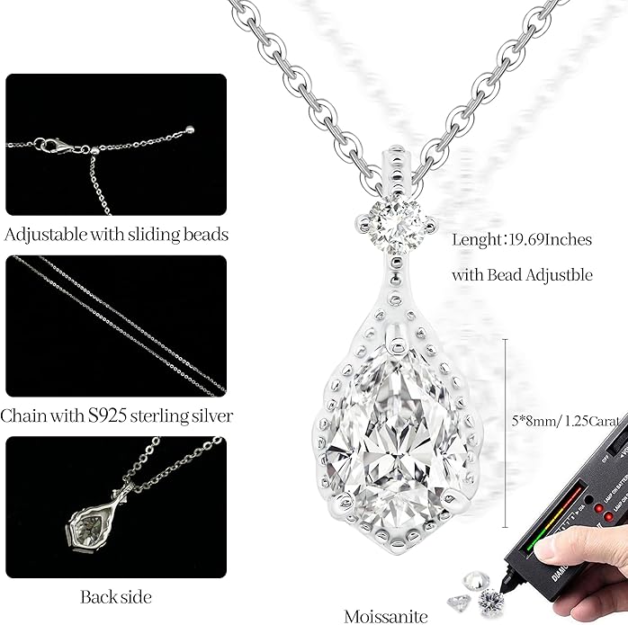Moissanite 925 Sterling Silver Pendant Necklace 0.5-1 Carat Round Pear Cut, Dainty Elegent D Color Dancing Style with Bead Adjustable Chain Necklace for Women