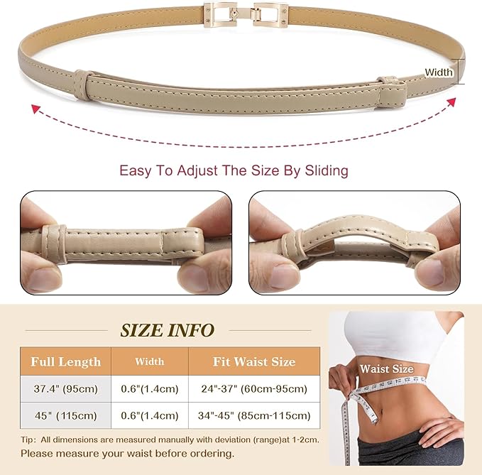 Glamorstar Skinny Belts for Women Thin PU Leather Waist Belt with Gold Buckle for Dresses