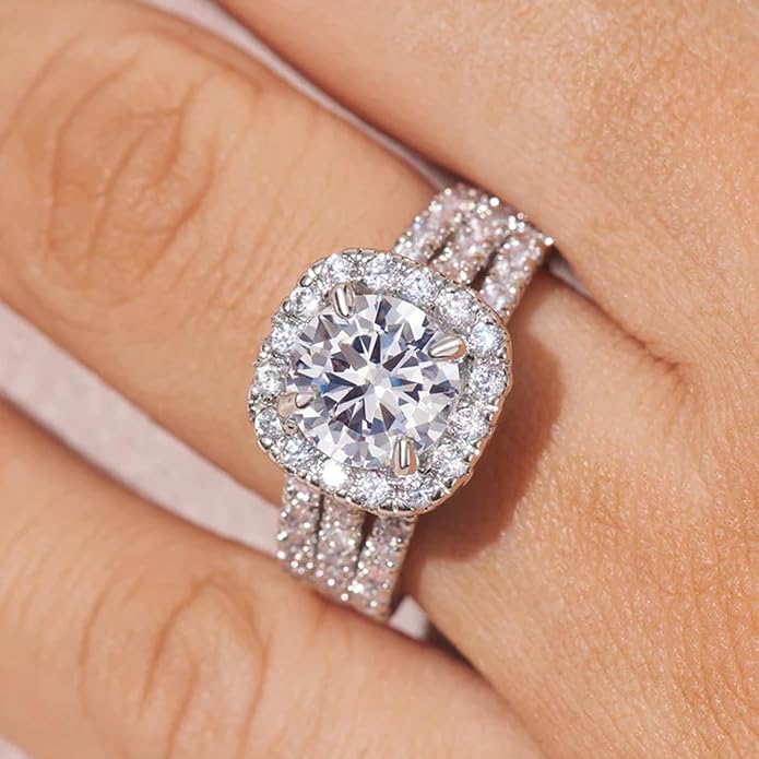 JKK Oval Moissanite Rings for Women - 925 Sterling Silver 2ct D Color VVS1 Clarity Lab Grown Diamond Halo Wedding Engagement Ring Silver Jewelry Anniversary Valentines Day Gifts for Women Her