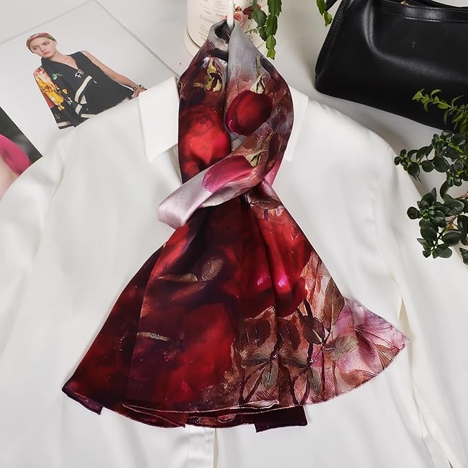 100% Mulberry Silk Scarf for Women Neck Oblong Headscarves Long Floral Print Lightweight Silk Wraps Shawls 67"*20"