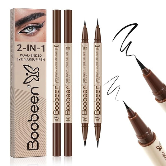 Boobeen 2pcs Liquid Eyeliner，Dual-Ended Eye Liner with Thick Tip and Precise Brush Tip，Waterproof Black Liquid Liner Pen，Matte Finish，All Day Wear，Smudge-proof,Brown