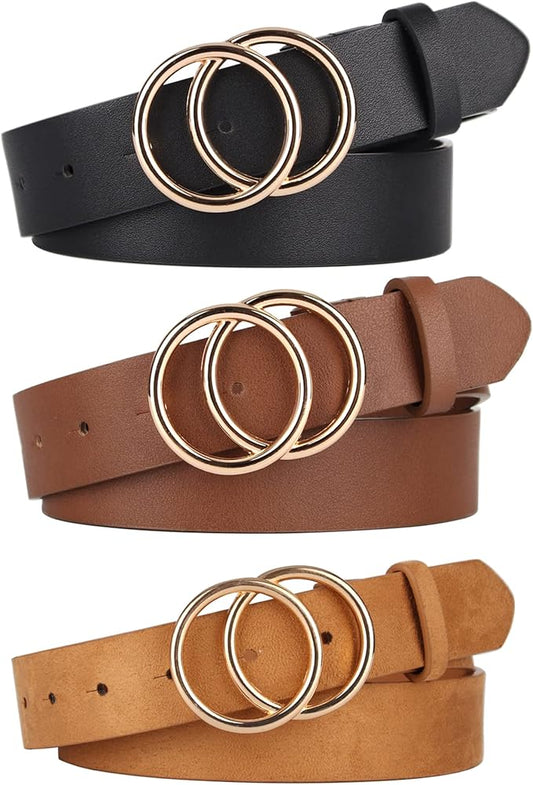 UnFader Pack 2 Women Belts for Jeans with Fashion Double O-Ring Buckle and Faux Leather