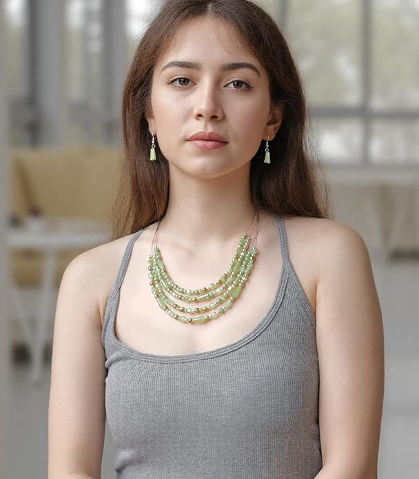 Layered Beaded Statement Necklace Multi Strand Crystal Beads Collar Necklace and Earring Sets for Women Fashion Costume Jewelry Set Gifts for Her