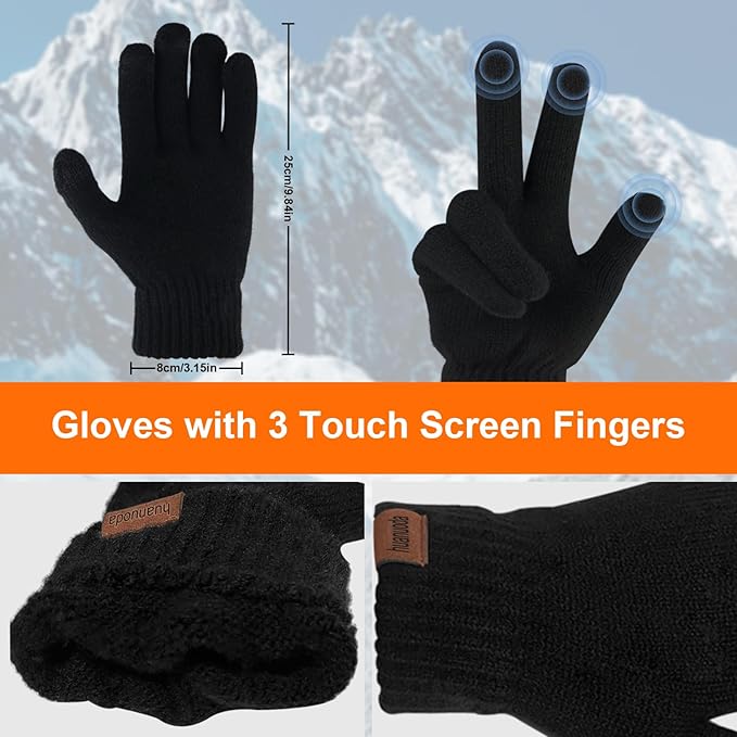 3PCS Winter Beanie Hat Scarf Touchscreen Gloves Set for Men and Women, Knitted Fleece Lined Hats Thermal Gloves Long Scarf
