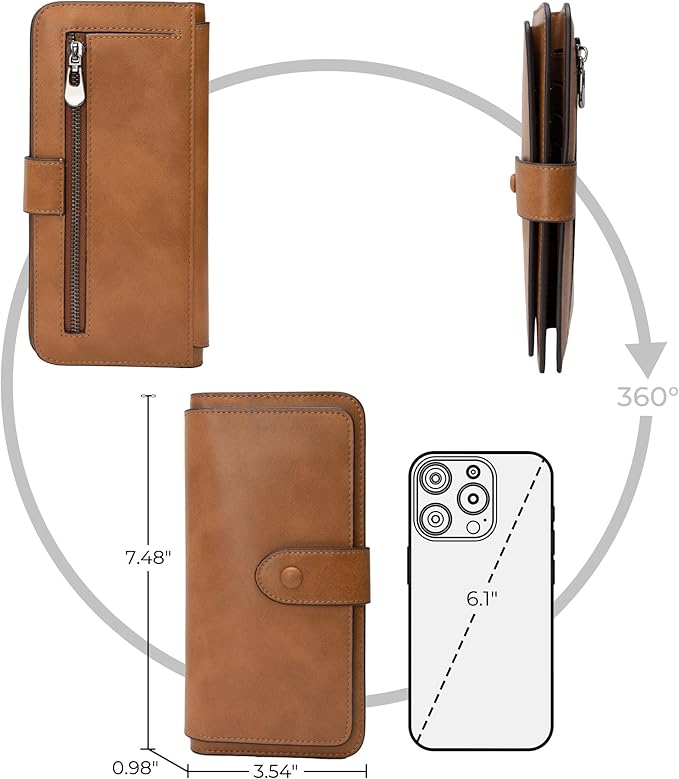 RFID Blocking Leather Wallet for Women, Slim Trifold with 14 Card Slots and Zipper Pocket (Brown)