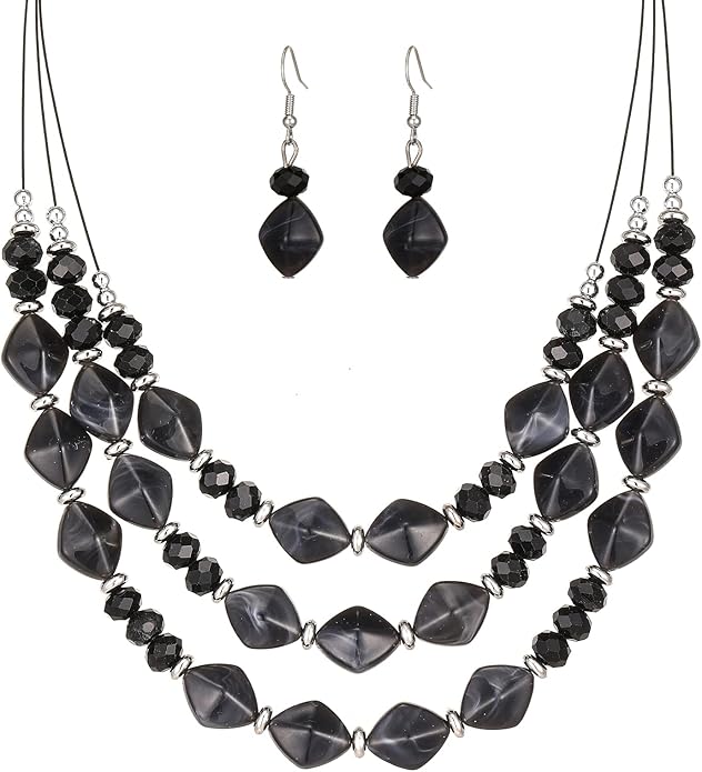 3 Layered Chunky Statement Necklace for Women Beaded Strand Necklaces with Earring Fashion Costumes Collar Necklace Jewelry Sets Gifts for Women