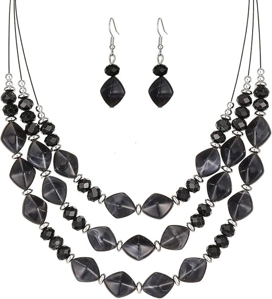 3 Layered Chunky Statement Necklace for Women Beaded Strand Necklaces with Earring Fashion Costumes Collar Necklace Jewelry Sets Gifts for Women