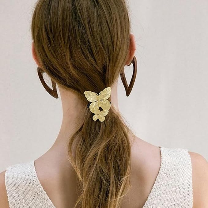 Gold Metal Hair Ties for Women - Cuffs, Accessories, Elastic Bands, Ponytail Cuff, Butterfly Ties for Thick and Thin Hair