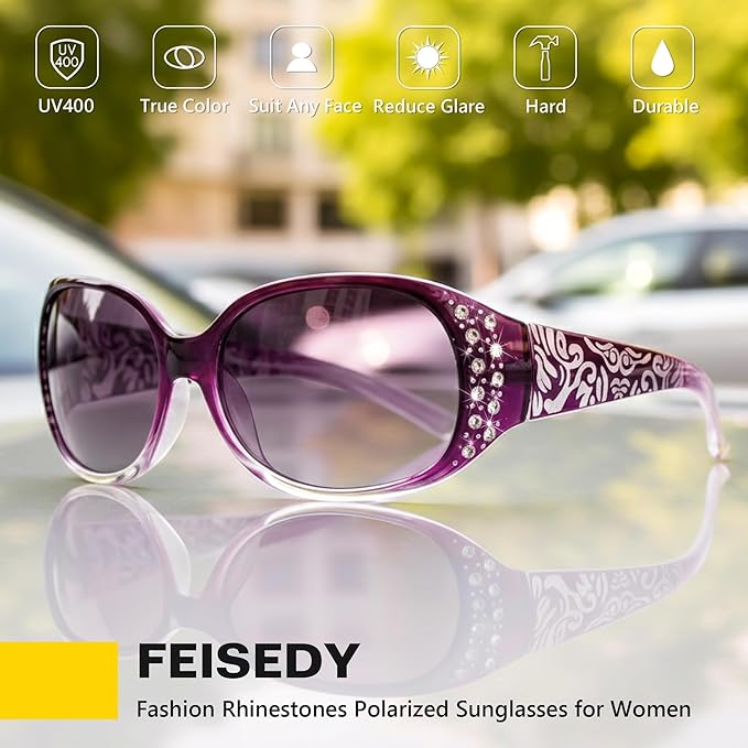 FEISEDY Women's Polarized Sunglasses Wrap Around Rhinestone Design Fashion Sunnies UV400 Protection B1091