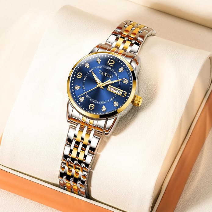 Gold Silver Two Tone Women Stainless Steel Watch Small Wrist ElegantDress Watch for Women Fashion Luxury Waterproof Day Date Analog Quartz Ladies Watches