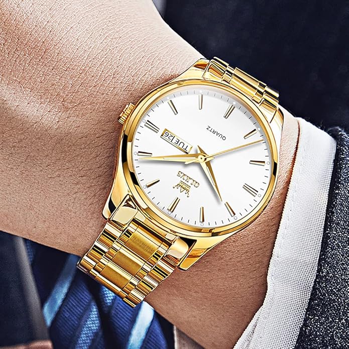 OLEVS Classic Men Watches with Date,Stainless Steel Man Watch with Date, Bussiness Watches for Men,Luminous Quartz Mens Watches Black/White/Blue/Gold, Waterproof Male Watch with Week