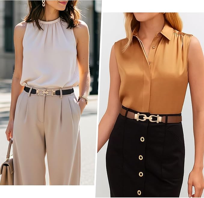 JASGOOD Women Skinny Elastic Belt for Dresses,Thin Retro Stretch Waist Belt with Golden Buckle