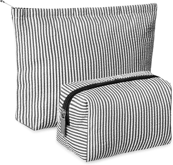 2 Pieces Makeup Bag Set Cute Cosmetic Pouch for Women Seersucker Travel Toiletry Bag Preppy Small Makeup Purse Pouch Aesthetic Skincare Brushes Storage Organizer for Christmas Women(Black)