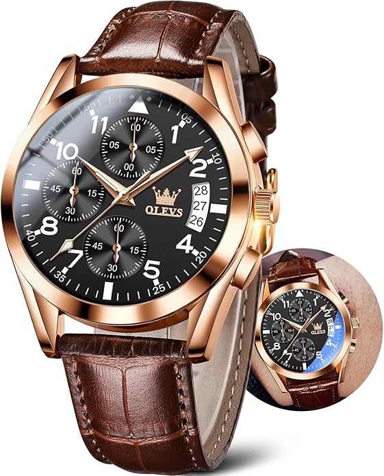 OLEVS Men's Watches Brown Leather with Date,Casual Watches for Men,Large Face Watches Men,Chronograph Mens Watch,Sport Waterproof Business Dress Analog Quartz Men's Wrist Watches Reloj De Hombre
