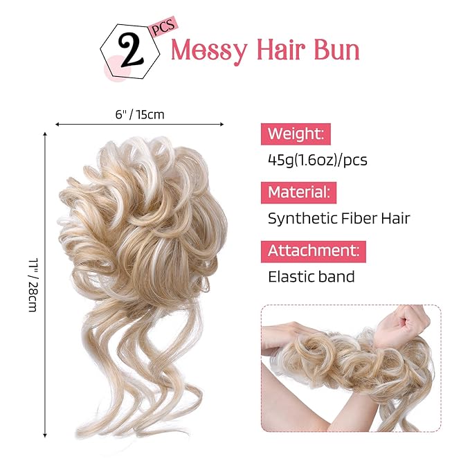 HOOJIH 2PCS Messy Bun Hair Piece, Curly Wavy Hair Wrap Ponytail Hairpieces, Light Golden Blonde with White Blonde