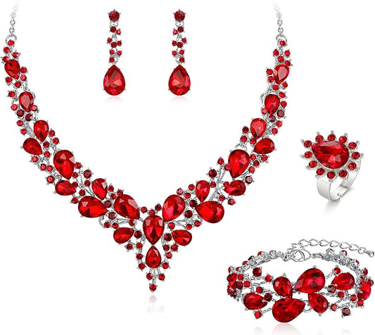 BriLove Wedding Bridal Jewelery for Women Austrian Crystal Teardrop Cluster Statement Necklace Dangle Earrings Link Bracelet Set