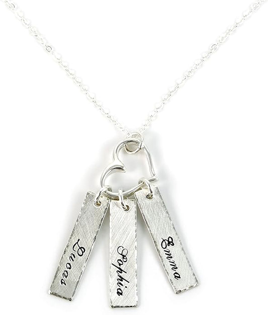 AJ's Collection Triple Bar Sterling Silver Personalized Necklace with Heart Charm. Includes 3 Customizable Charms and your Choice of Sterling Silver Chain. Gifts for Her, Mom, Wife