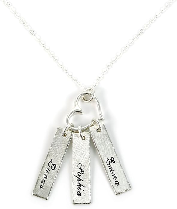AJ's Collection Triple Bar Sterling Silver Personalized Necklace with Heart Charm. Includes 3 Customizable Charms and your Choice of Sterling Silver Chain. Gifts for Her, Mom, Wife