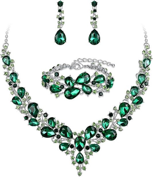 BriLove Wedding Bridal Jewelery for Women Austrian Crystal Teardrop Cluster Statement Necklace Dangle Earrings Link Bracelet Set