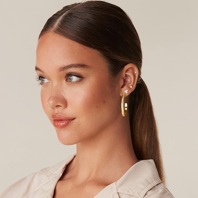 PAVOI 14K Gold Plated Wide Flat Edge Hoop Earrings for Women | Rose, White and Yellow Gold Hoops | Hypoallergenic Jewelry