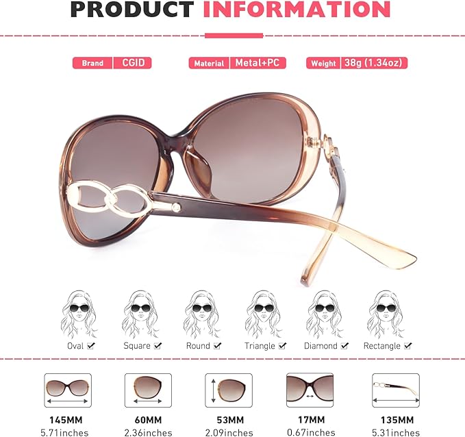 CGID Trendy Oversized Sunglasses Womens Ladies Polarized Retro Frame UV400 Shades Gradient Brown