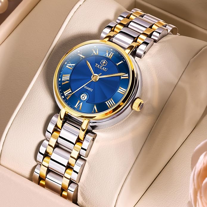 Gold Silver Two Tone Women Stainless Steel Watch Small Wrist ElegantDress Watch for Women Fashion Luxury Waterproof Day Date Analog Quartz Ladies Watches
