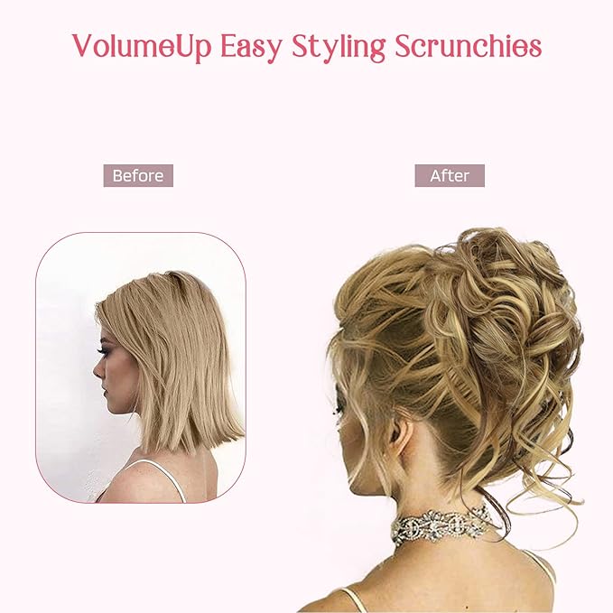 HOOJIH 2PCS Messy Bun Hair Piece, Curly Wavy Hair Wrap Ponytail Hairpieces, Light Golden Blonde with White Blonde