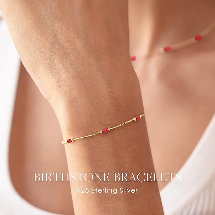 LOUISA SECRET Birthstone Bracelets for Women, 925 Sterling Silver Dainty Simple Women Charm Link Bracelet, Birthday Anniversary Christmas Jewelry Gifts for Women Wife Mom Her