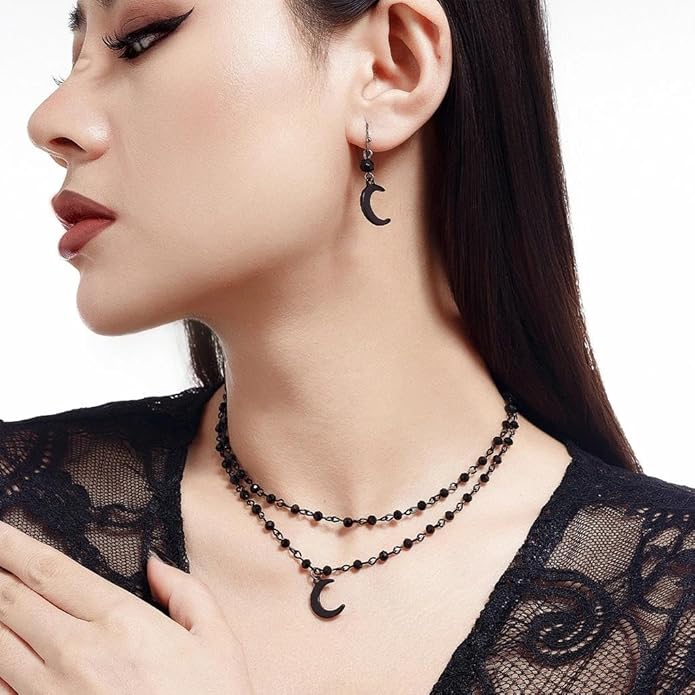 Vintage Black Beaded Choker Necklace Earring Set for Women,Gothic Dark Moon Statement Dangling Earring,Trendy Halloween Party Vampire Jewelry Accessories Gifts
