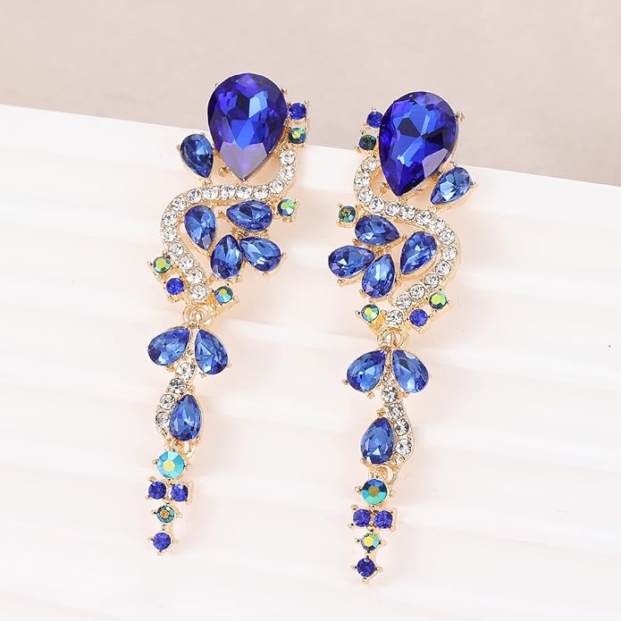 Fashion Rhinestone Statement Drop Dangle Earrings Long Colorful Crystal Bridal Wedding Teardrop Chandelier Earrings for Women Prom Pageant