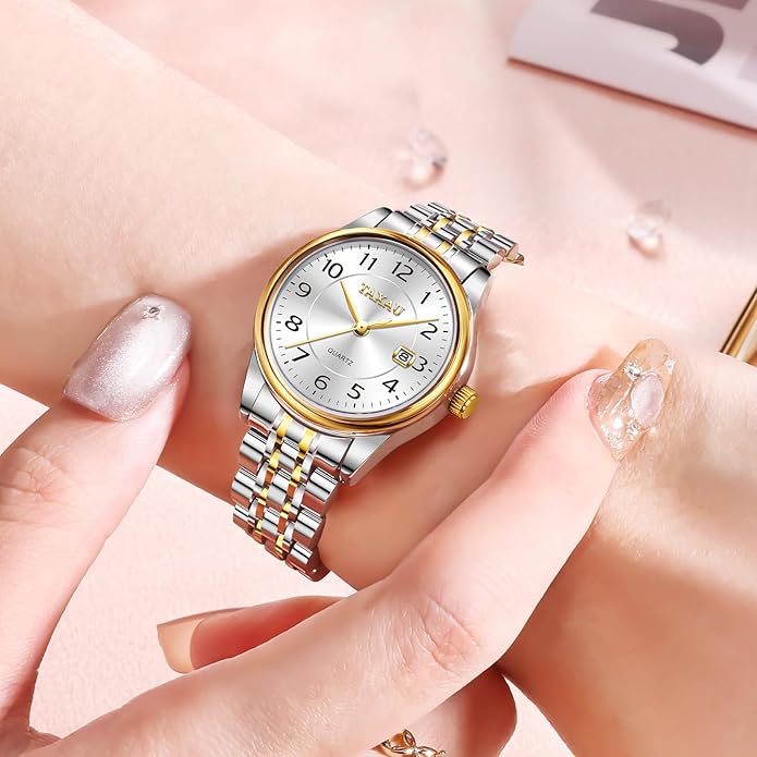 Gold Silver Two Tone Women Stainless Steel Watch Small Wrist ElegantDress Watch for Women Fashion Luxury Waterproof Day Date Analog Quartz Ladies Watches