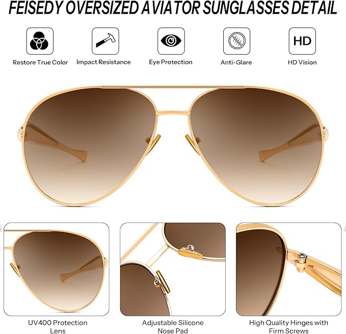 FEISEDY Oversized Aviator Sunglasses Women Men - Retro Gold Metal Chunky Frame, UV400 for Driving & Daily Wear B0311