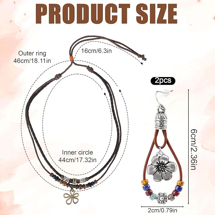 Multi-Layer Wood Bead Necklace with Flower Earrings, Boho Hippie Necklaces with Hollow Flower Pendant Bohemian Statement Gifts Jewelry for Men Women Western Country Music Concert