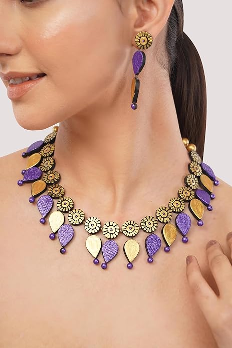 Purple & Golden Clay Jewelry Set – Handmade Boho Dangle Earrings & Minimalist Necklace for Women, Artisan Statement Accessories, Festival Wear & Unique Gift Idea