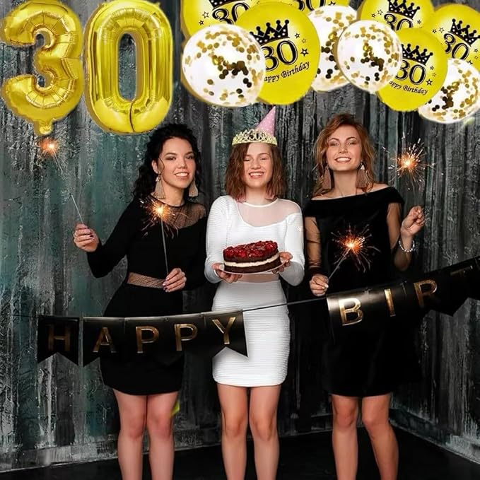 30th Birthday Decorations for Her Girls Set, Include 30th Birthday Crown and 30 Sash, 30th Birthday Cake Topper and 30 Birthday Candles, Gold 30 Balloons, Women 30th Party Supplies(Gold)